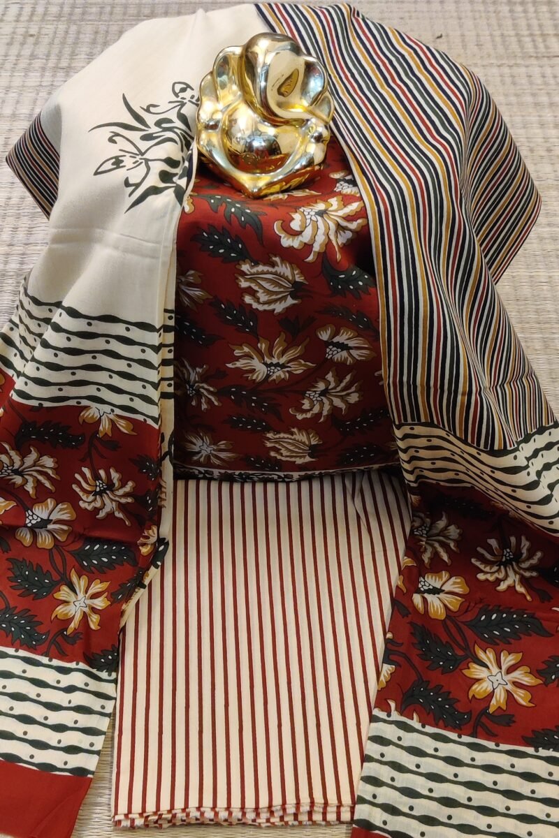 Suit stories - Maroon and Cream Artistic Creaper Mulmul Cotton Suit Set