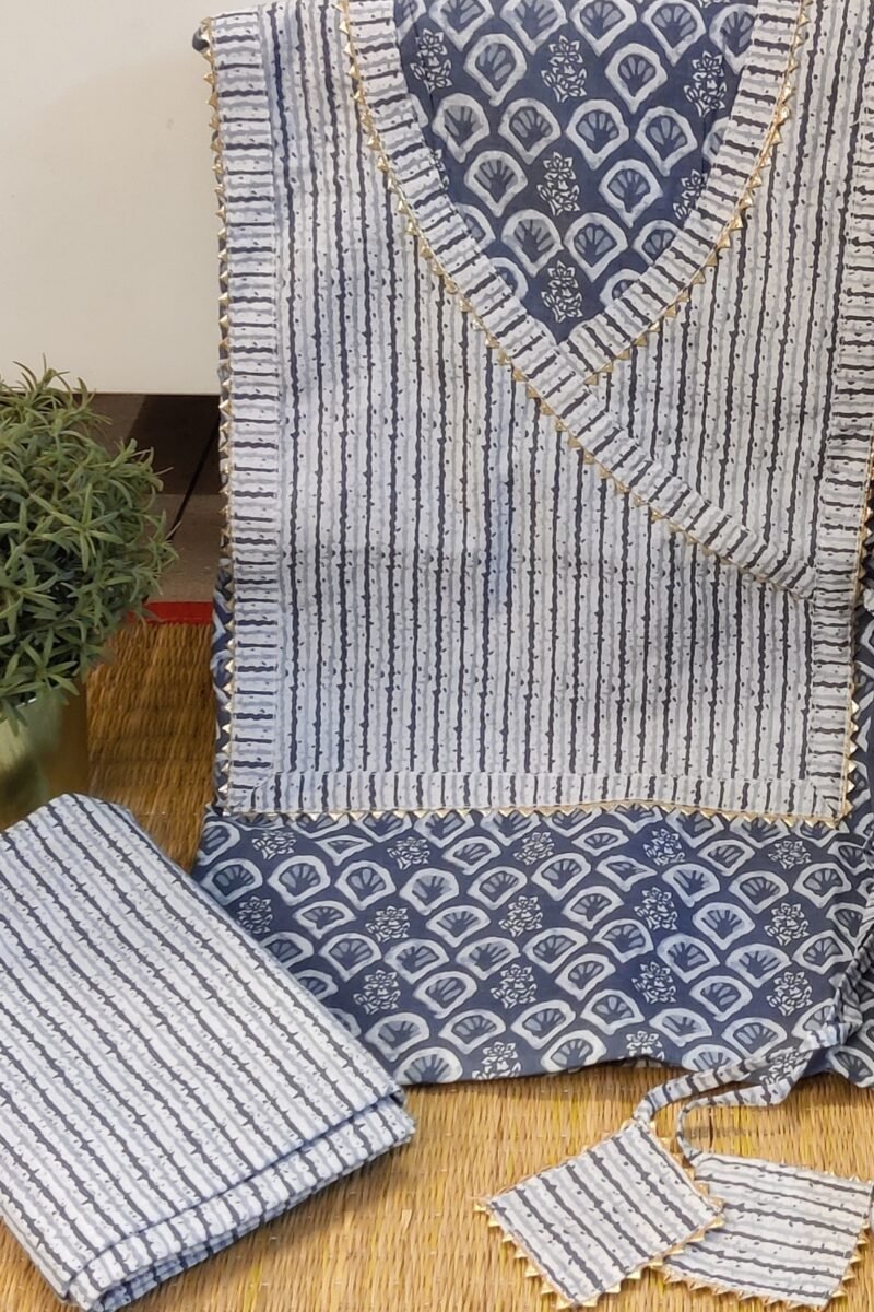 Suit stories - Grey & White Fan Print Mulmul Cotton Suit Set with Gota Patti - Image 2