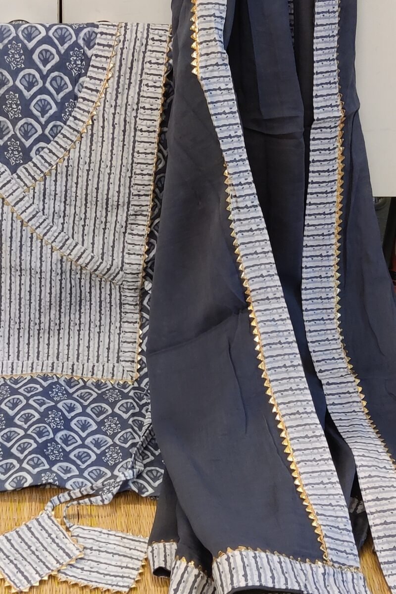 Suit stories - Grey & White Fan Print Mulmul Cotton Suit Set with Gota Patti - Image 3