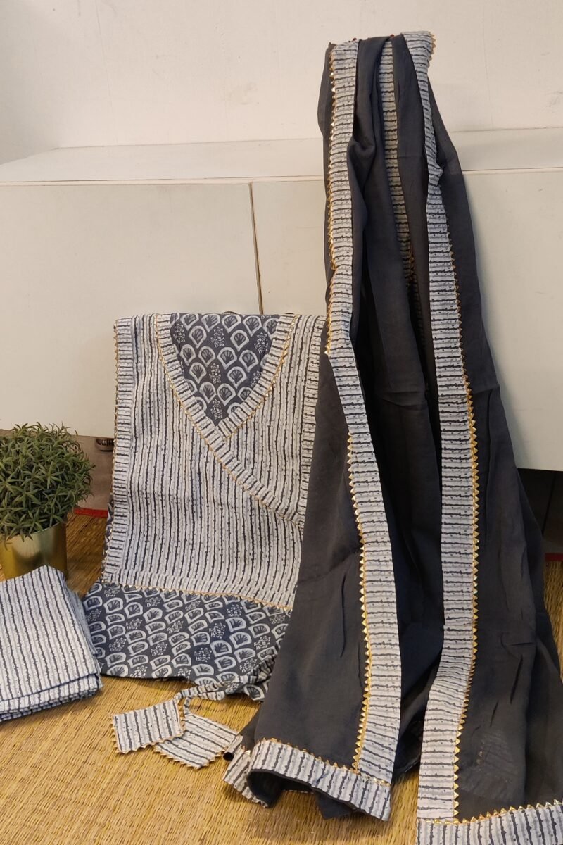 Suit stories - Grey & White Fan Print Mulmul Cotton Suit Set with Gota Patti - Image 4
