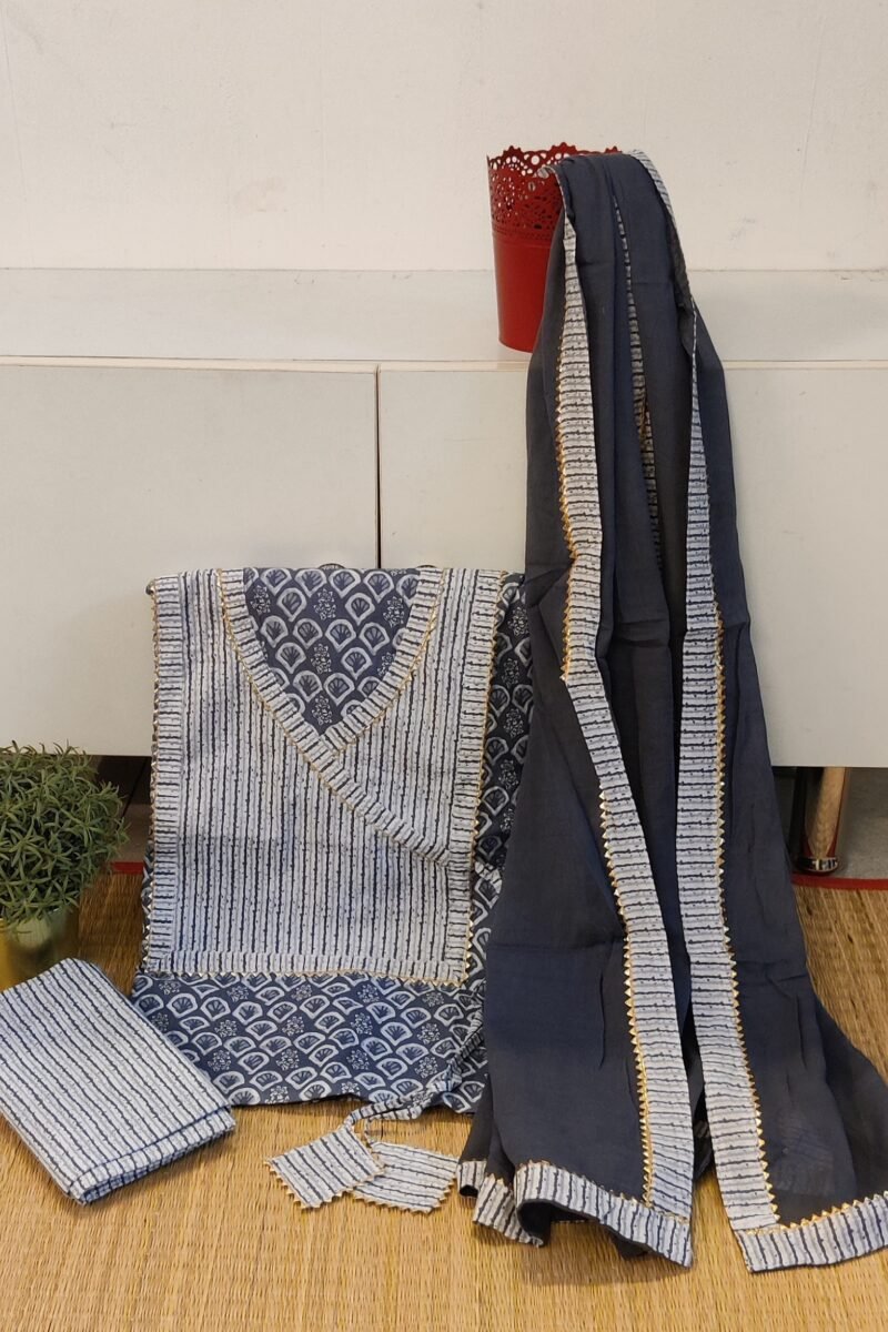 Suit stories - Grey & White Fan Print Mulmul Cotton Suit Set with Gota Patti