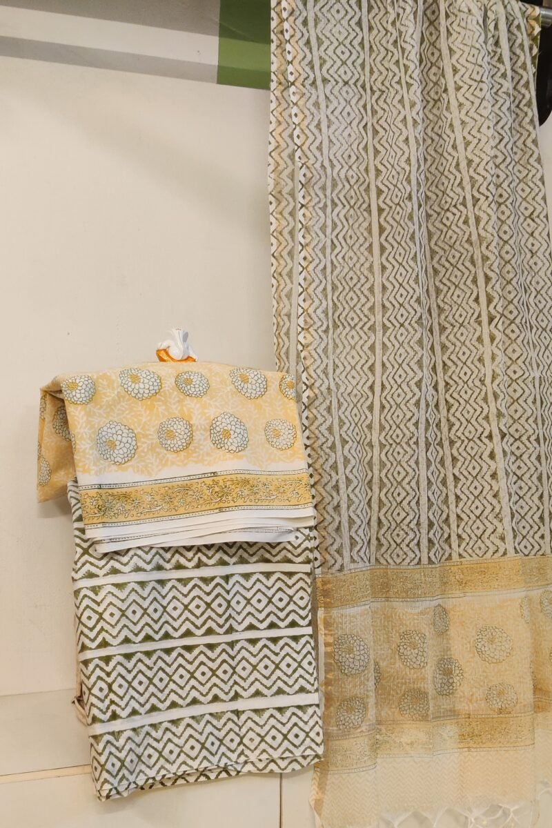 Suit stories - Cream with Olive Green & Marigold Floral Hand Block Mulmul Cotton Suit Set - Image 2