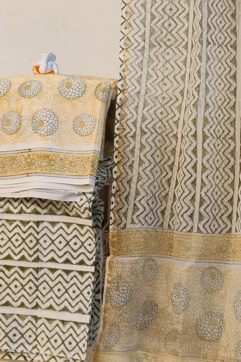 Suit stories - Cream with Olive Green & Marigold Floral Hand Block Mulmul Cotton Suit Set - Image 3