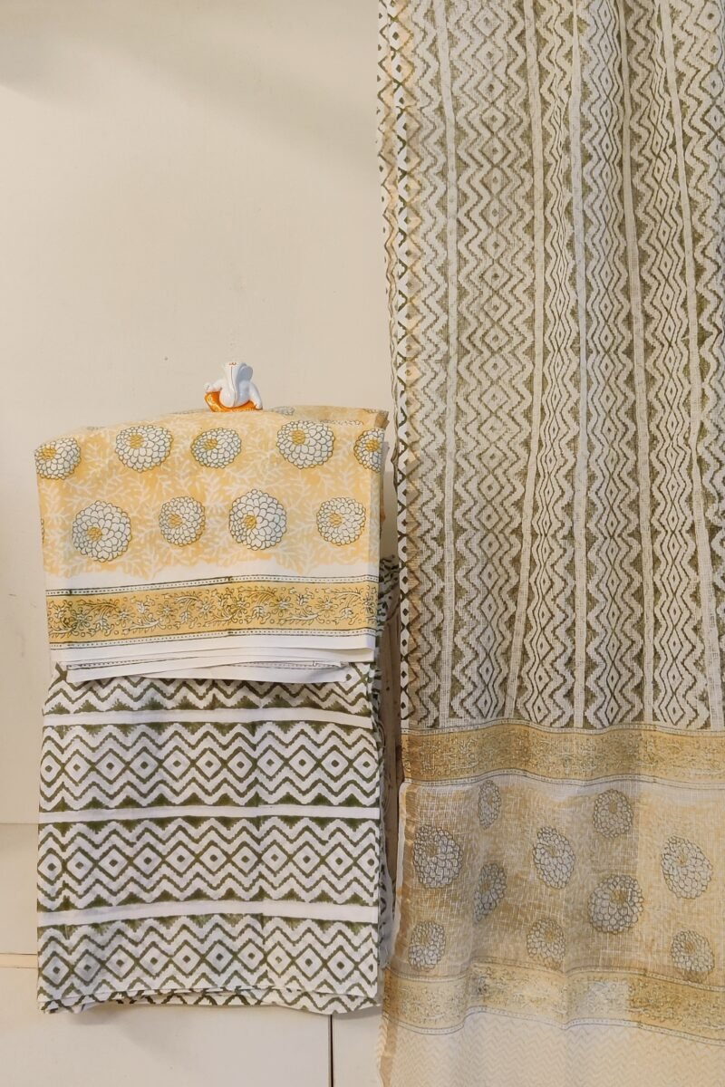 Suit stories - Cream with Olive Green & Marigold Floral Hand Block Mulmul Cotton Suit Set