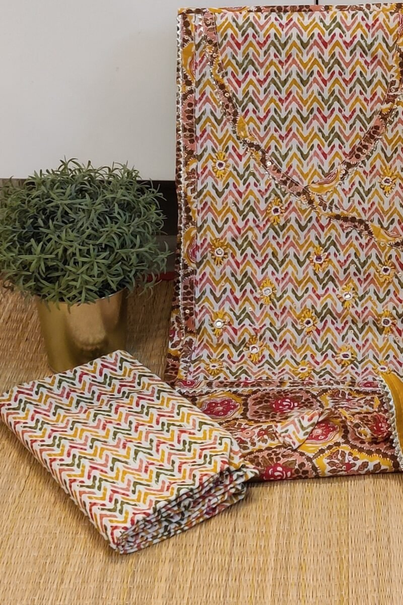 Suit stories - Yellow and Pink with Multicolor Geometric Print Mulmul Cotton Suit Set with Gota Patti - Image 2
