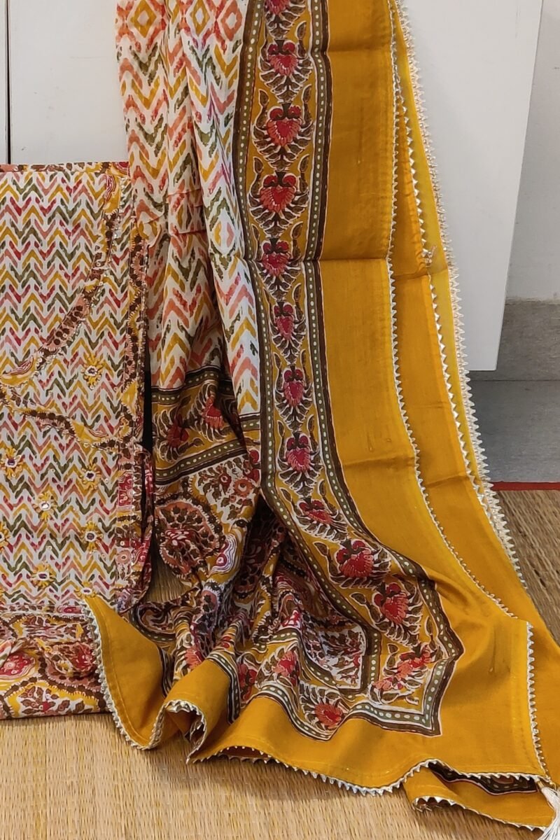 Suit stories - Yellow and Pink with Multicolor Geometric Print Mulmul Cotton Suit Set with Gota Patti - Image 3