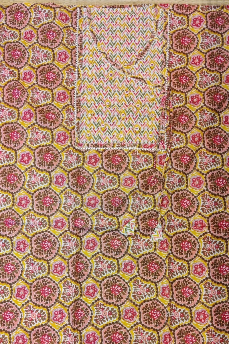 Suit stories - Yellow and Pink with Multicolor Geometric Print Mulmul Cotton Suit Set with Gota Patti - Image 4
