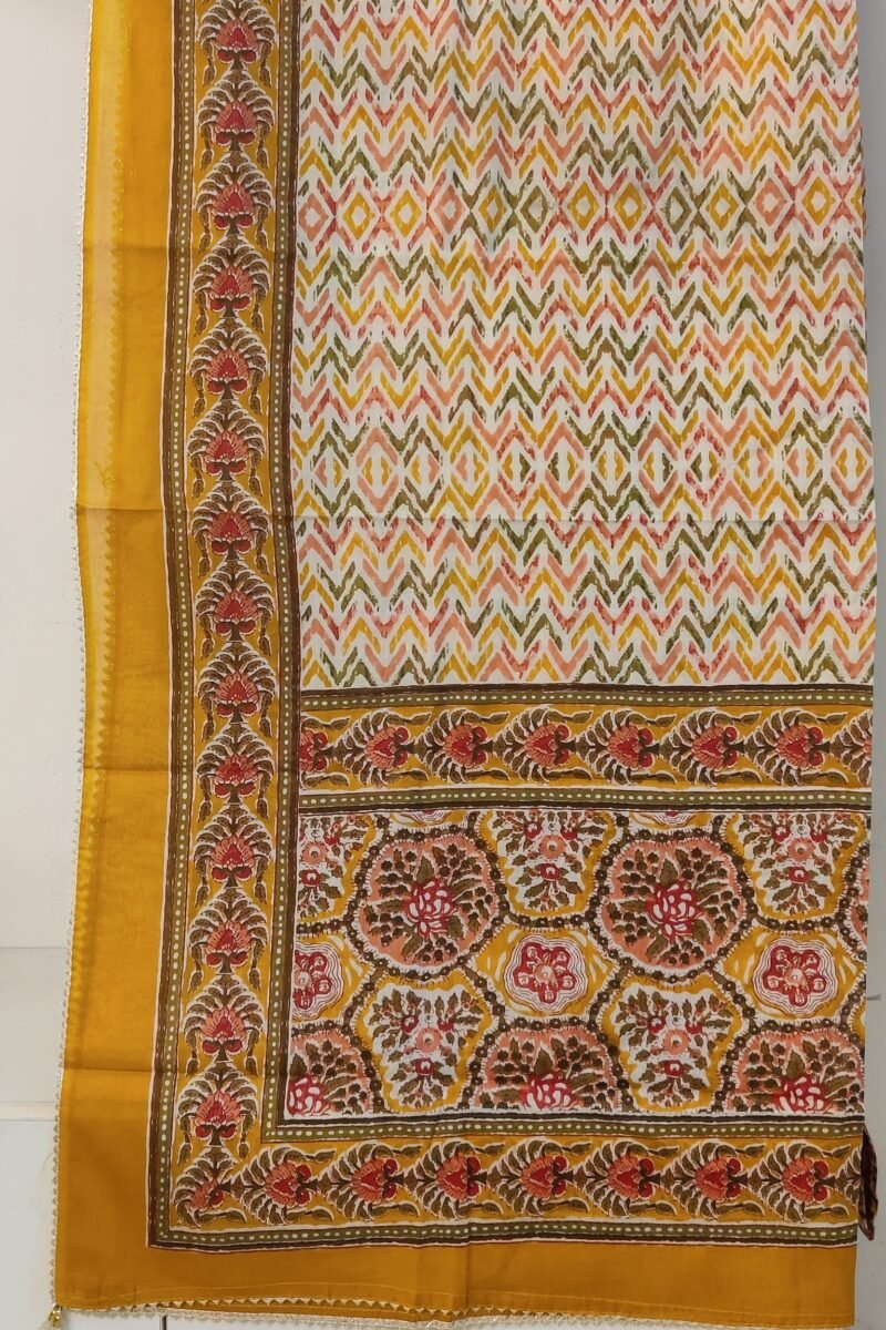 Suit stories - Yellow and Pink with Multicolor Geometric Print Mulmul Cotton Suit Set with Gota Patti - Image 6