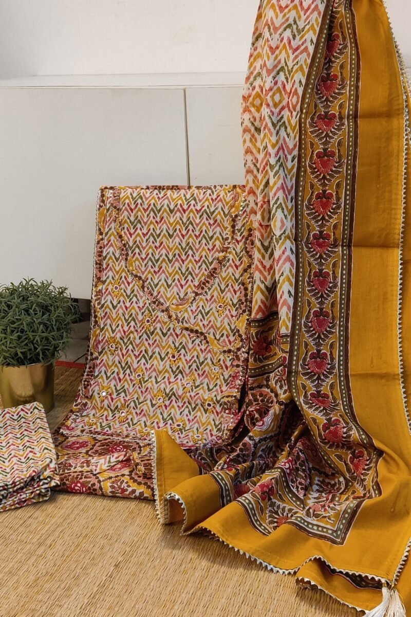 Suit stories - Yellow and Pink with Multicolor Geometric Print Mulmul Cotton Suit Set with Gota Patti