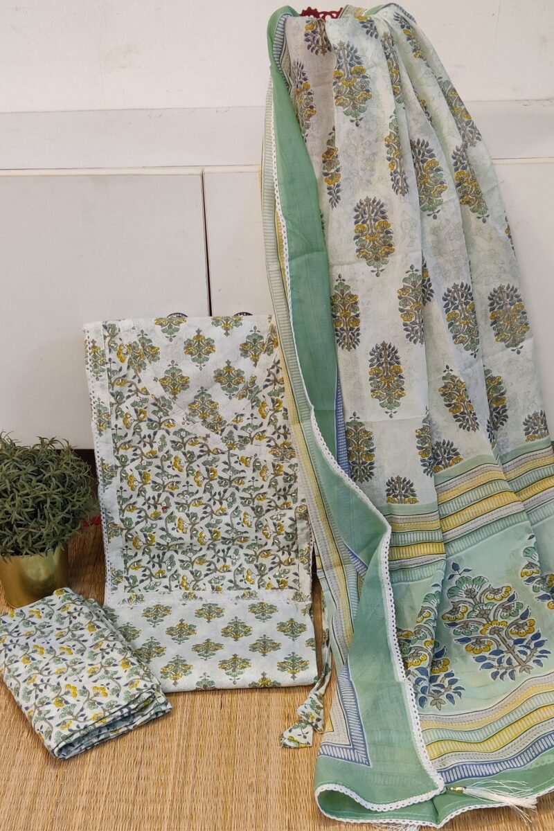 Suit stories - White, Pista Green & Yellow Artistic Print Mulmul Cotton Suit Set - Image 2
