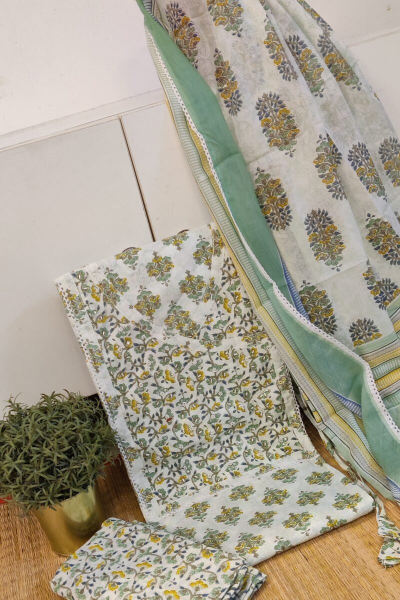 Suit stories - White, Pista Green & Yellow Artistic Print Mulmul Cotton Suit Set - Image 3