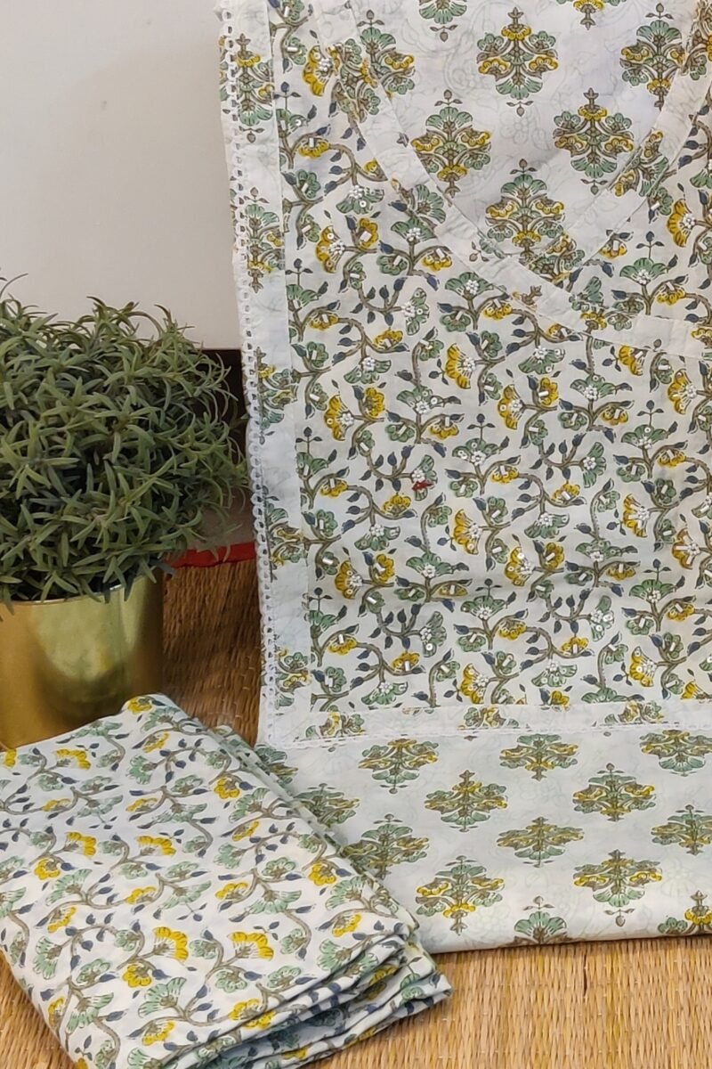 Suit stories - White, Pista Green & Yellow Artistic Print Mulmul Cotton Suit Set - Image 4