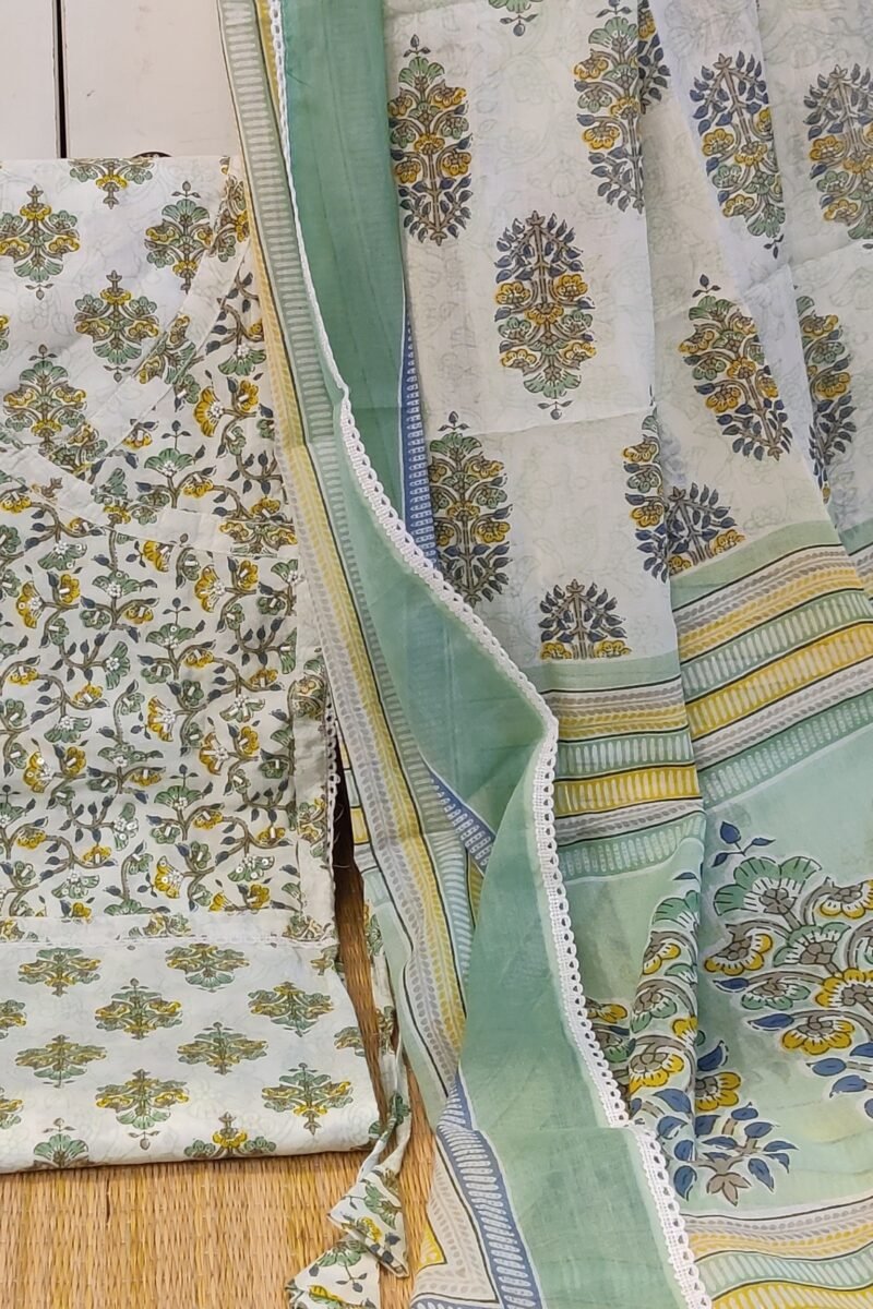 Suit stories - White, Pista Green & Yellow Artistic Print Mulmul Cotton Suit Set - Image 5