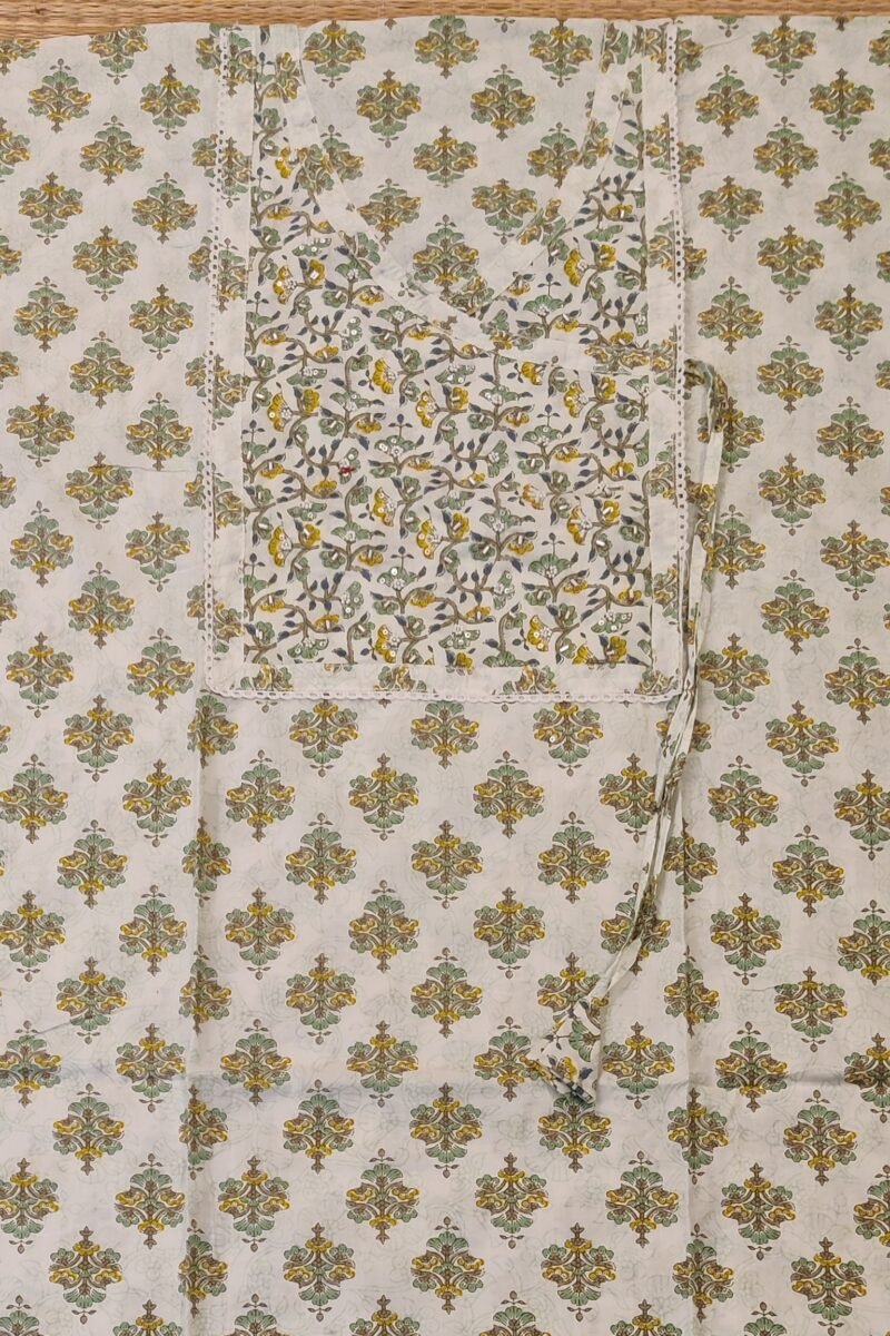 Suit stories - White, Pista Green & Yellow Artistic Print Mulmul Cotton Suit Set - Image 6