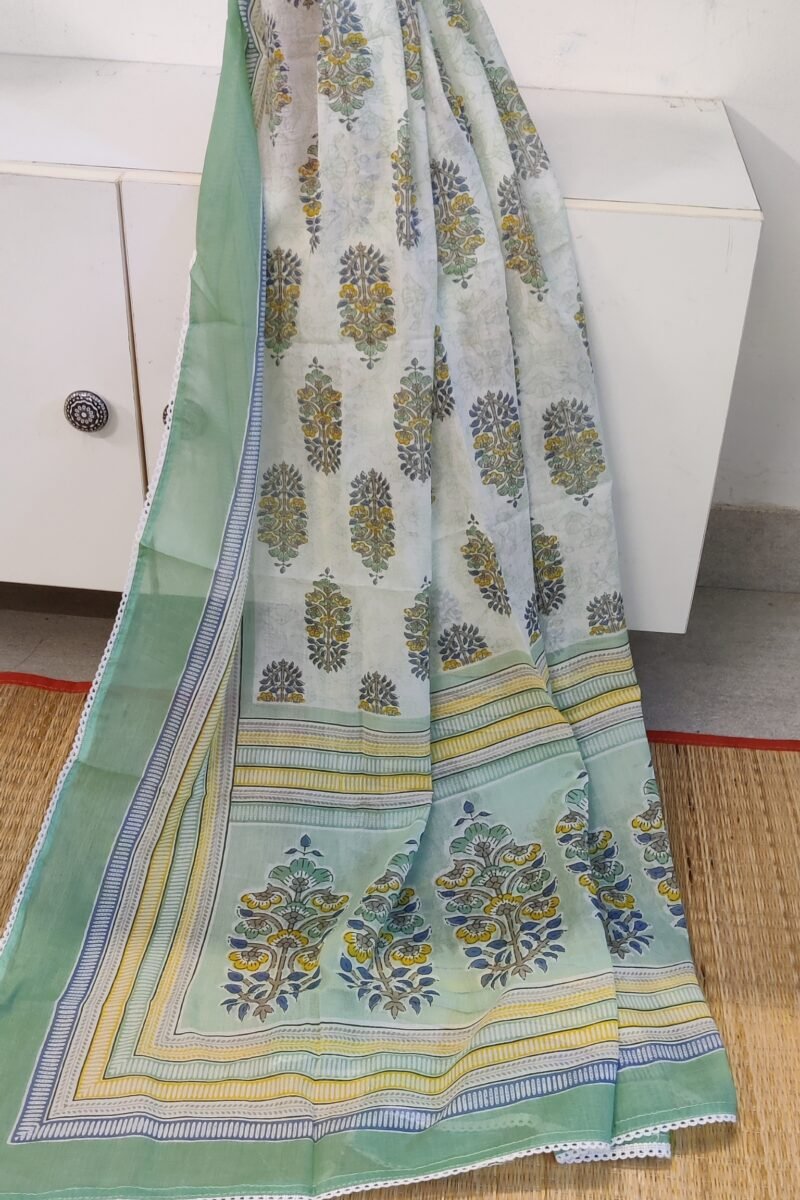 Suit stories - White, Pista Green & Yellow Artistic Print Mulmul Cotton Suit Set - Image 8