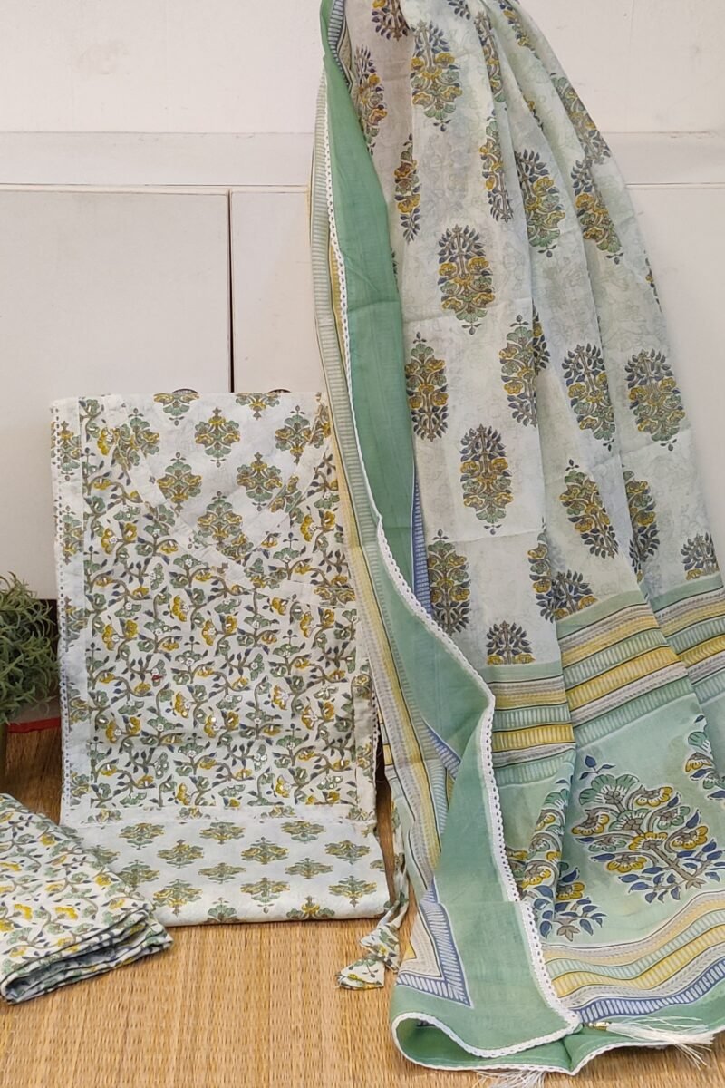 Suit stories - White, Pista Green & Yellow Artistic Print Mulmul Cotton Suit Set