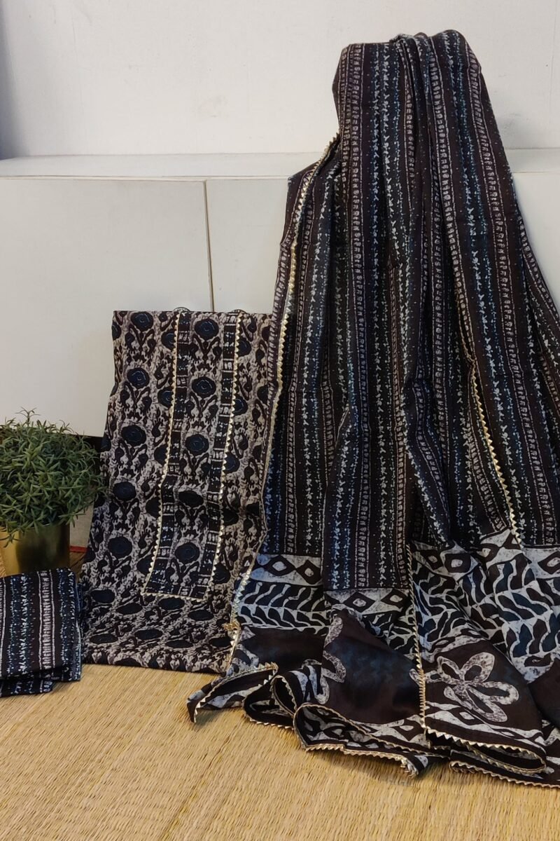 Suit stories - Wine & Blue Geometric Print Mulmul Cotton Suit Set - Image 2