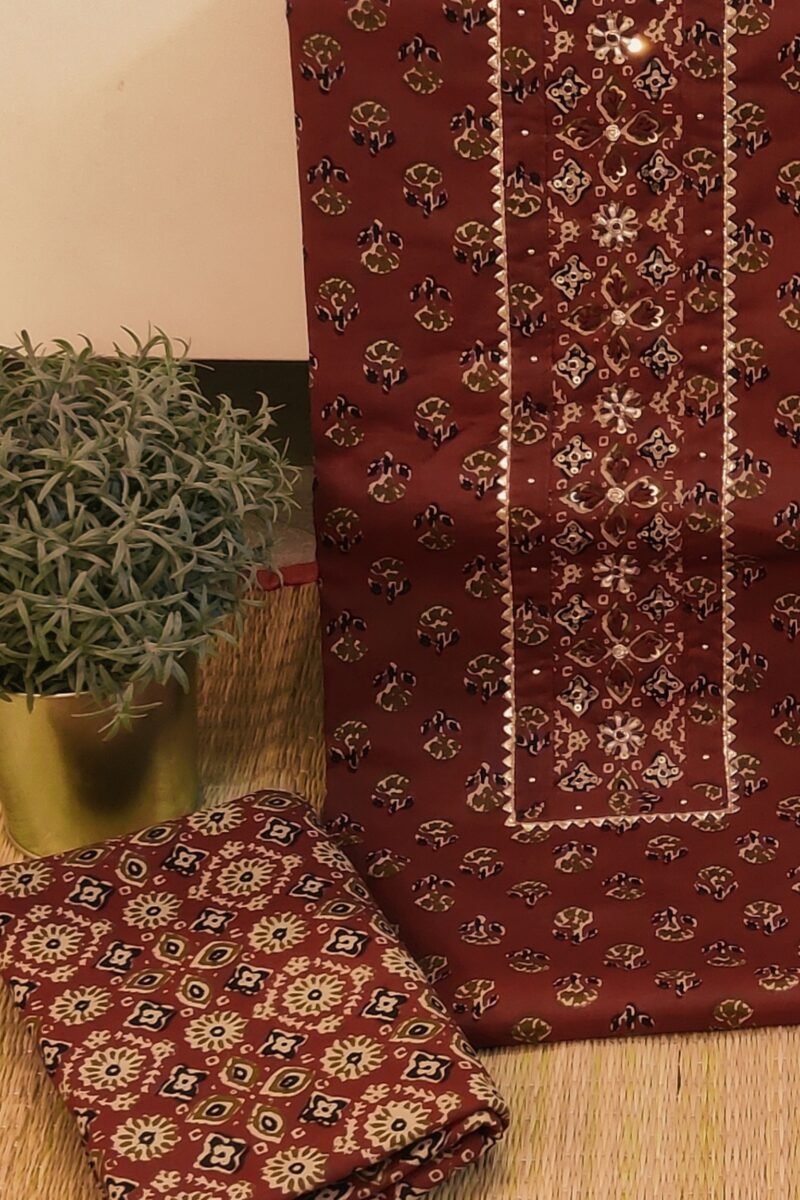 Suit stories - Brown & Cream Floral Mulmul Cotton Suit Set - Image 3