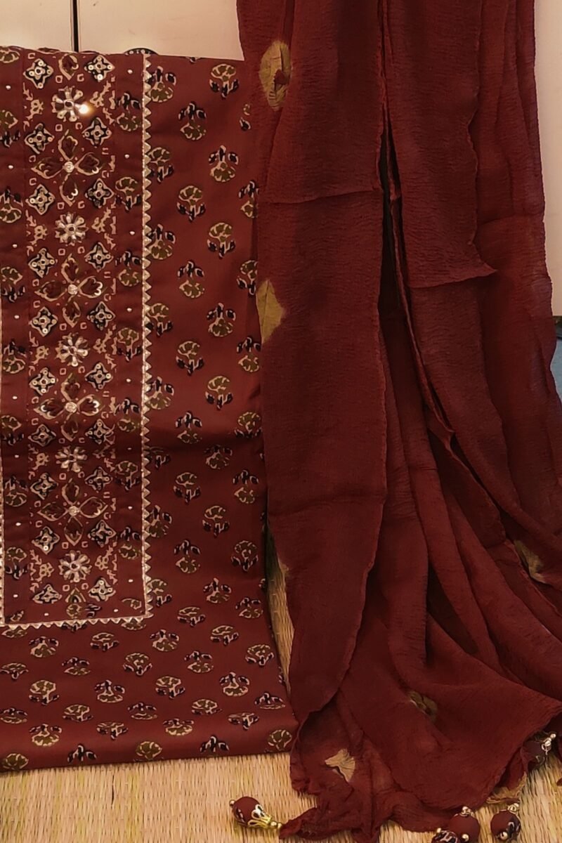Suit stories - Brown & Cream Floral Mulmul Cotton Suit Set - Image 4