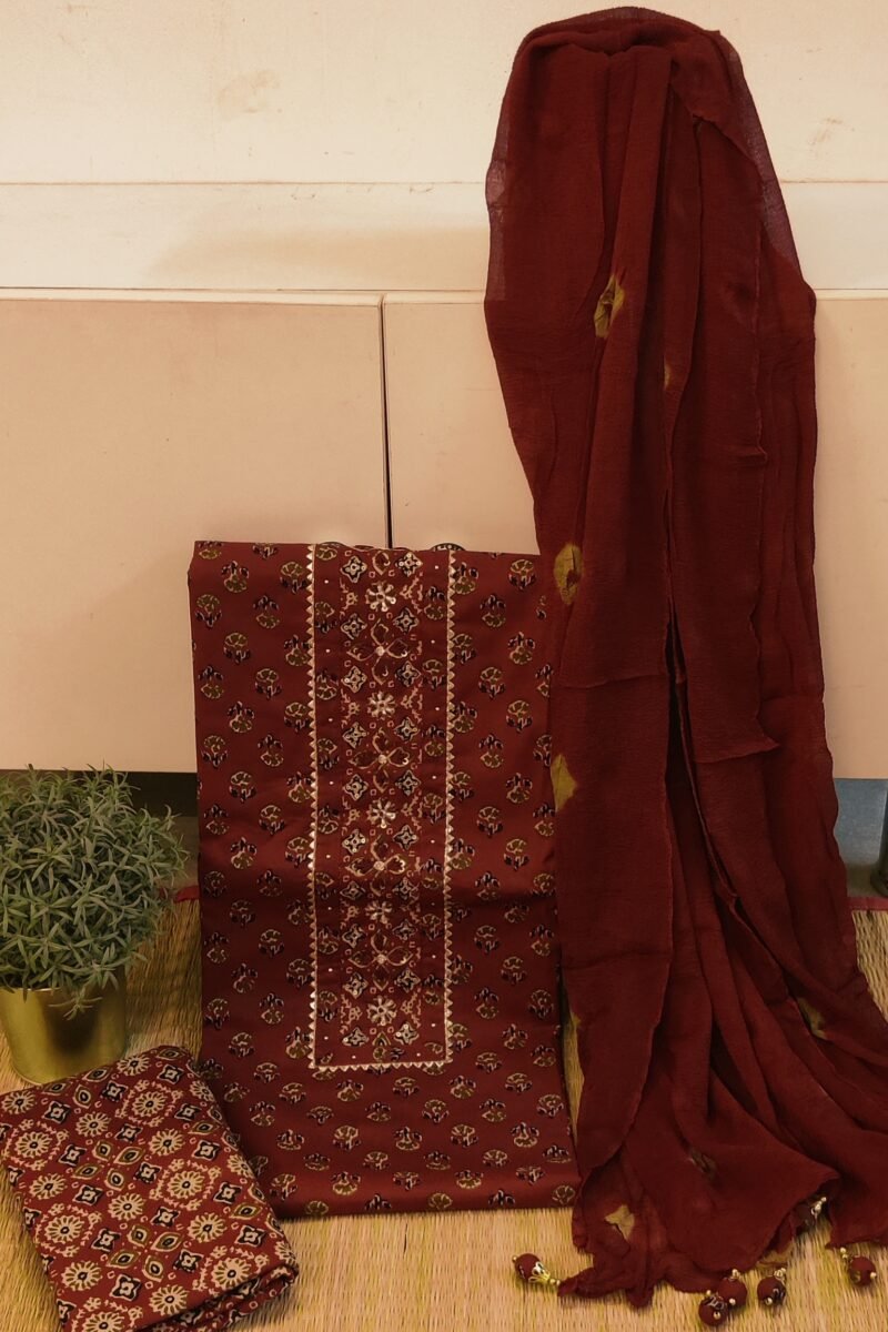 Suit stories - Brown & Cream Floral Mulmul Cotton Suit Set