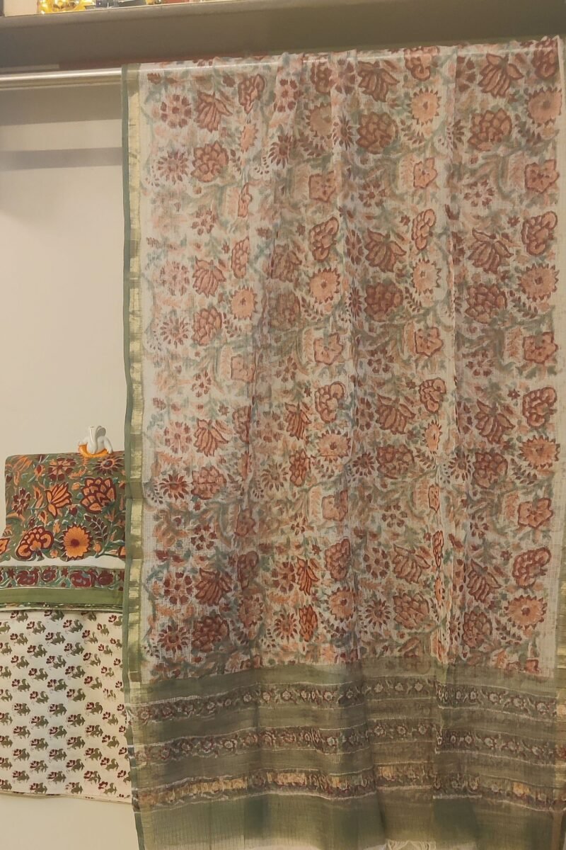 Suit stories - Olive Green & Red Creeper Hand Block Mulmul Cotton Suit Set - Image 2