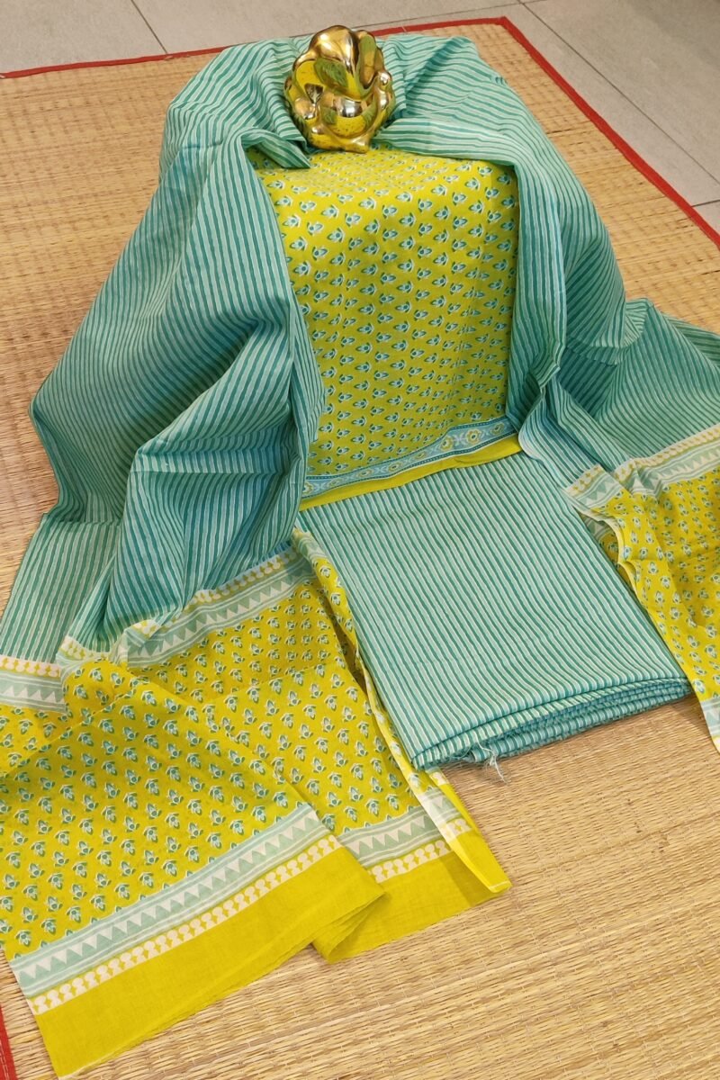 Suit stories - Yellowish Green Teal Buds Mulmul Cotton Suit Set - Image 2