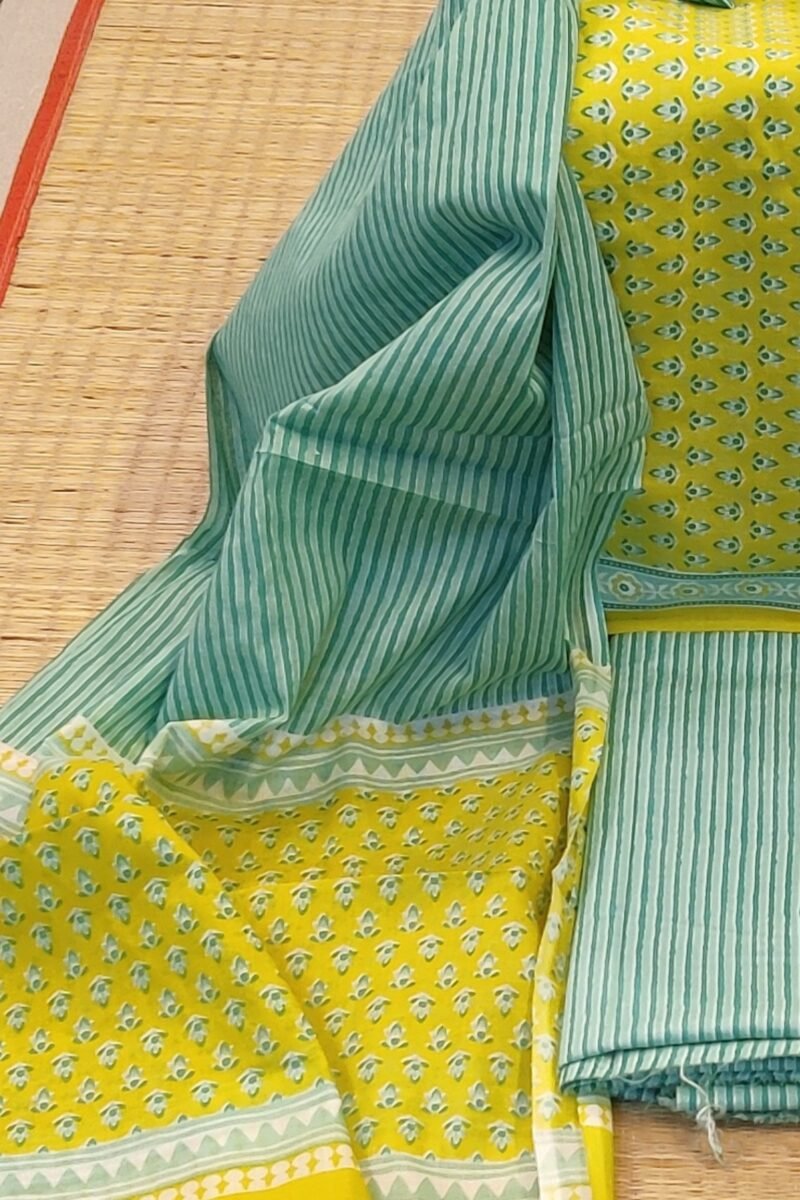 Suit stories - Yellowish Green Teal Buds Mulmul Cotton Suit Set - Image 3