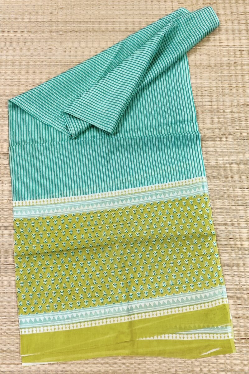 Suit stories - Yellowish Green Teal Buds Mulmul Cotton Suit Set - Image 7