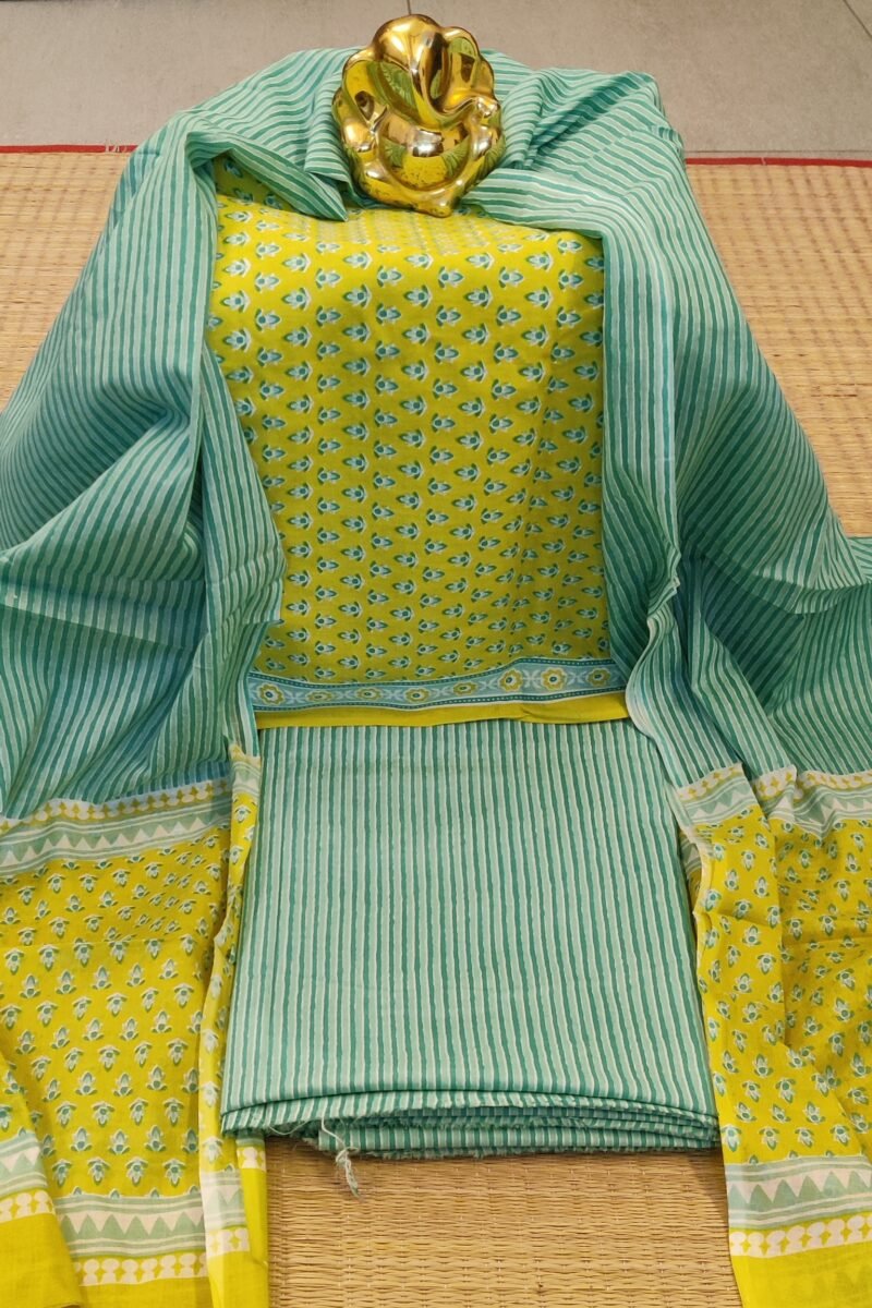 Suit stories - Yellowish Green Teal Buds Mulmul Cotton Suit Set