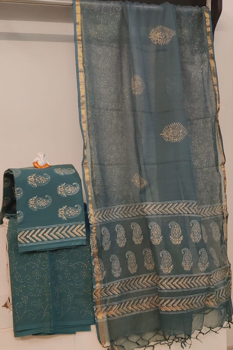 Suit stories - Steel Blue & Gold Paisley Hand Block Mulmul Cotton Suit Set - Image 2