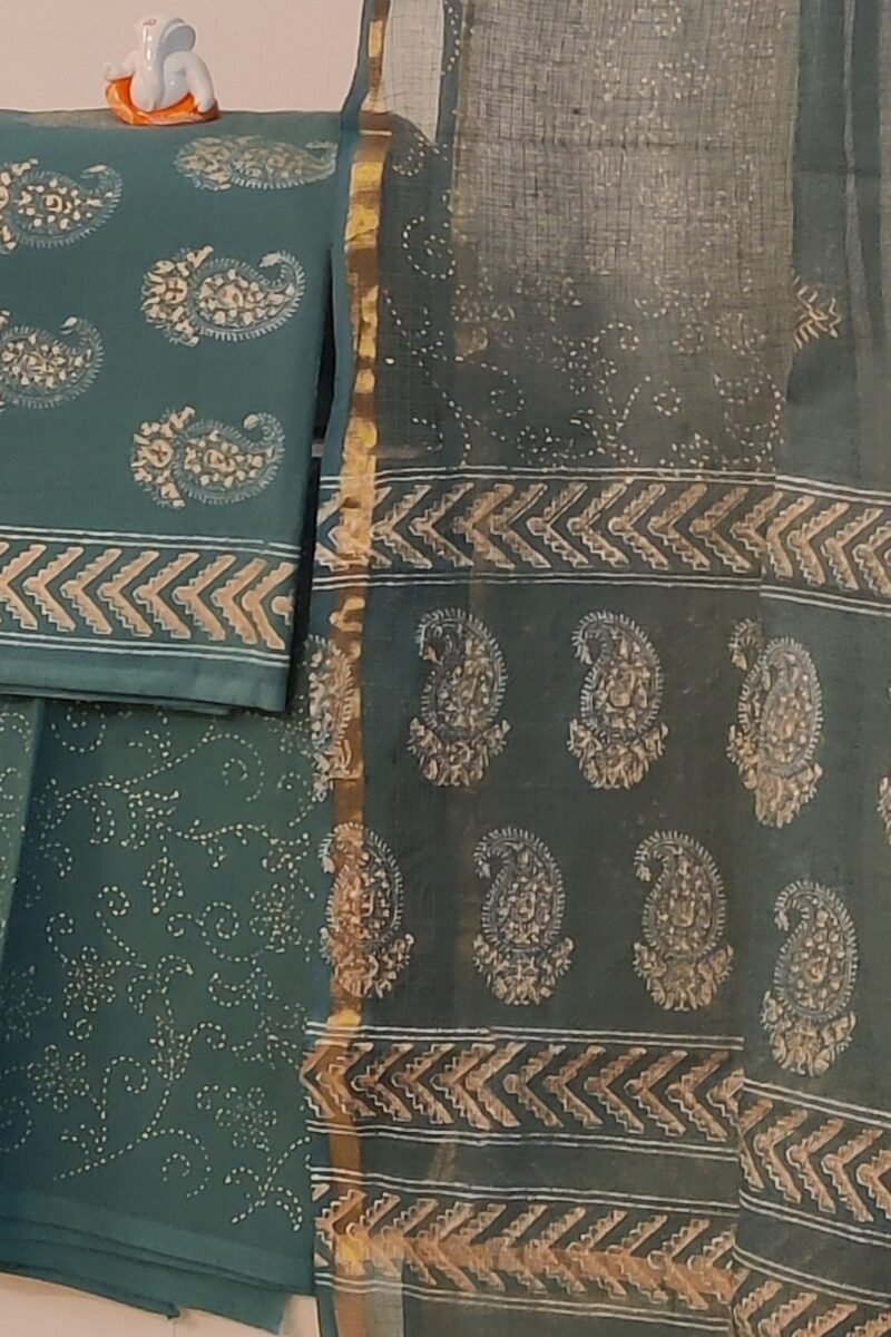 Suit stories - Steel Blue & Gold Paisley Hand Block Mulmul Cotton Suit Set - Image 3