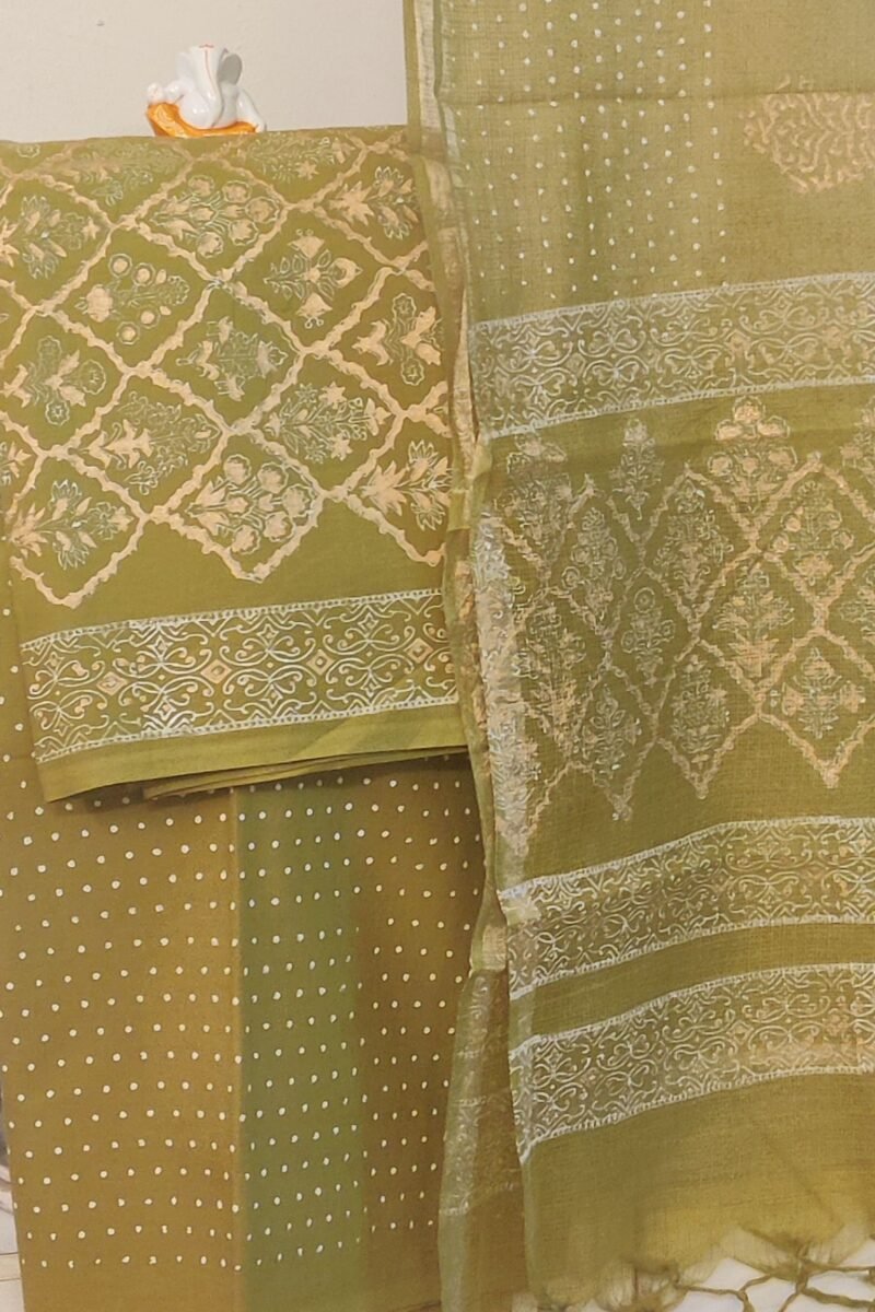 Suit stories - Mehendi Green & Gold Diamond Hand Block Mulmul Cotton Suit Set - Image 3