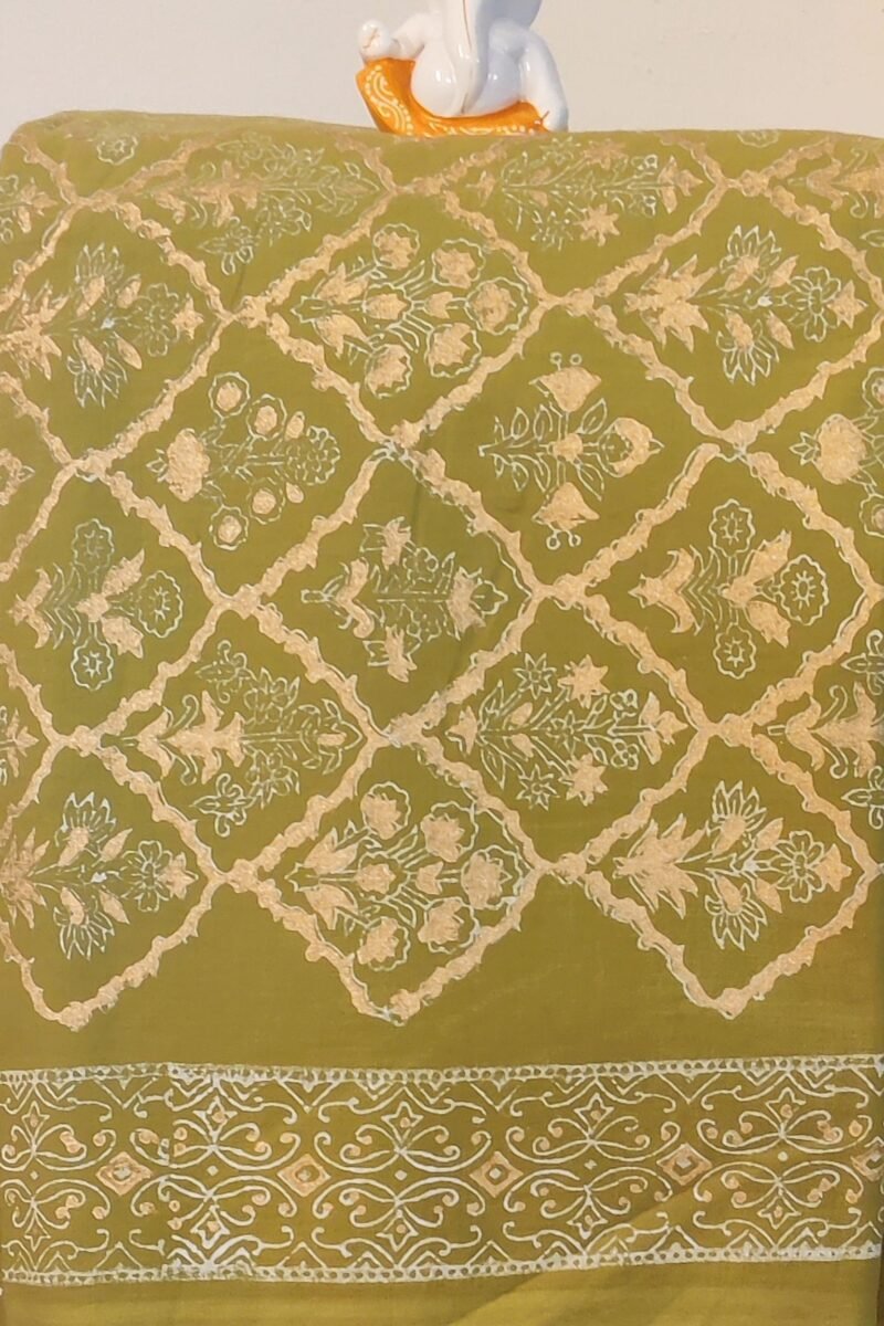 Suit stories - Mehendi Green & Gold Diamond Hand Block Mulmul Cotton Suit Set - Image 5