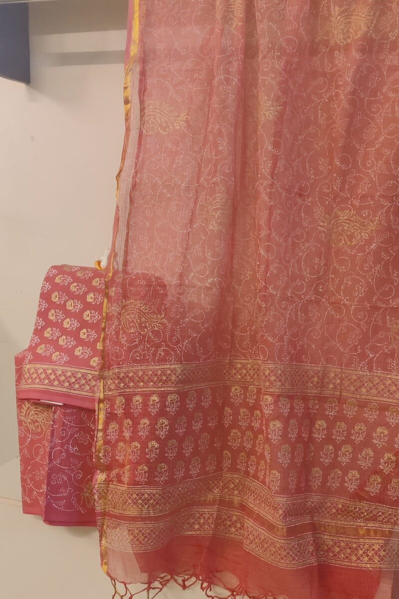 Suit stories - Radiant Coral Orange with Gold Floral Prints Mulmul Cotton Suit Set - Image 2
