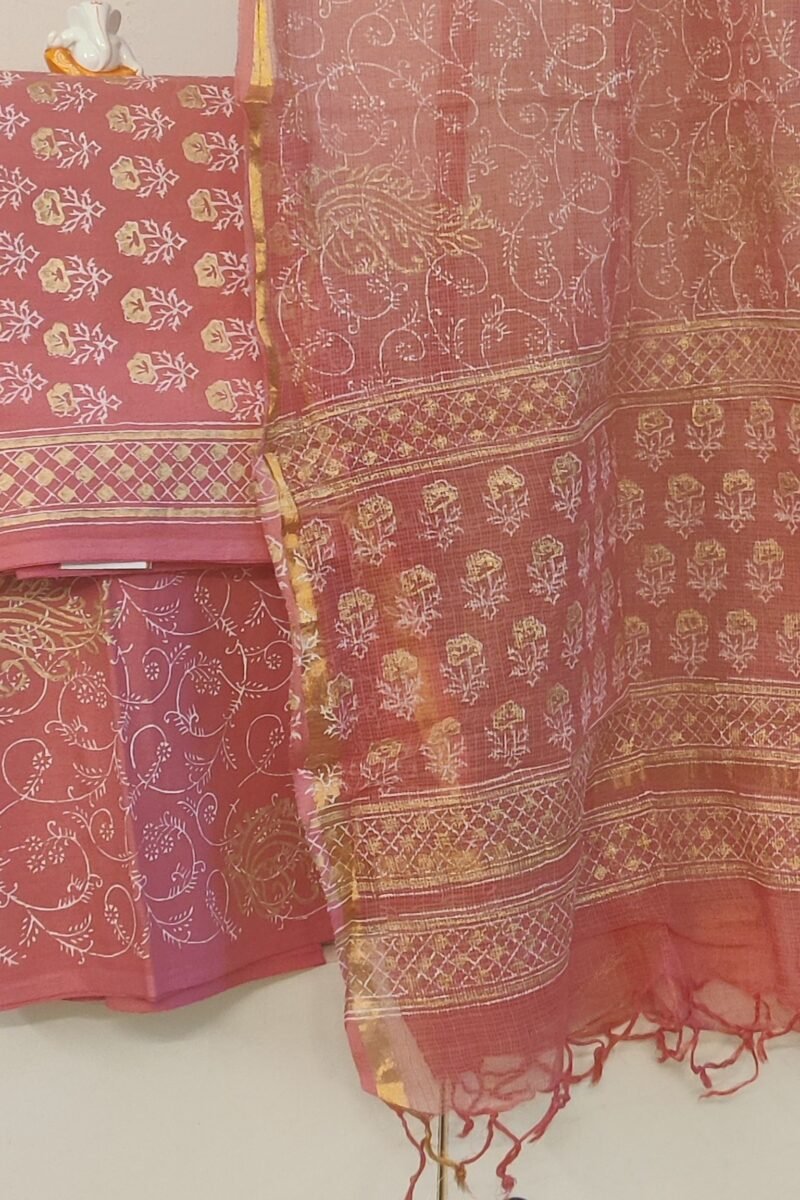 Suit stories - Radiant Coral Orange with Gold Floral Prints Mulmul Cotton Suit Set - Image 3