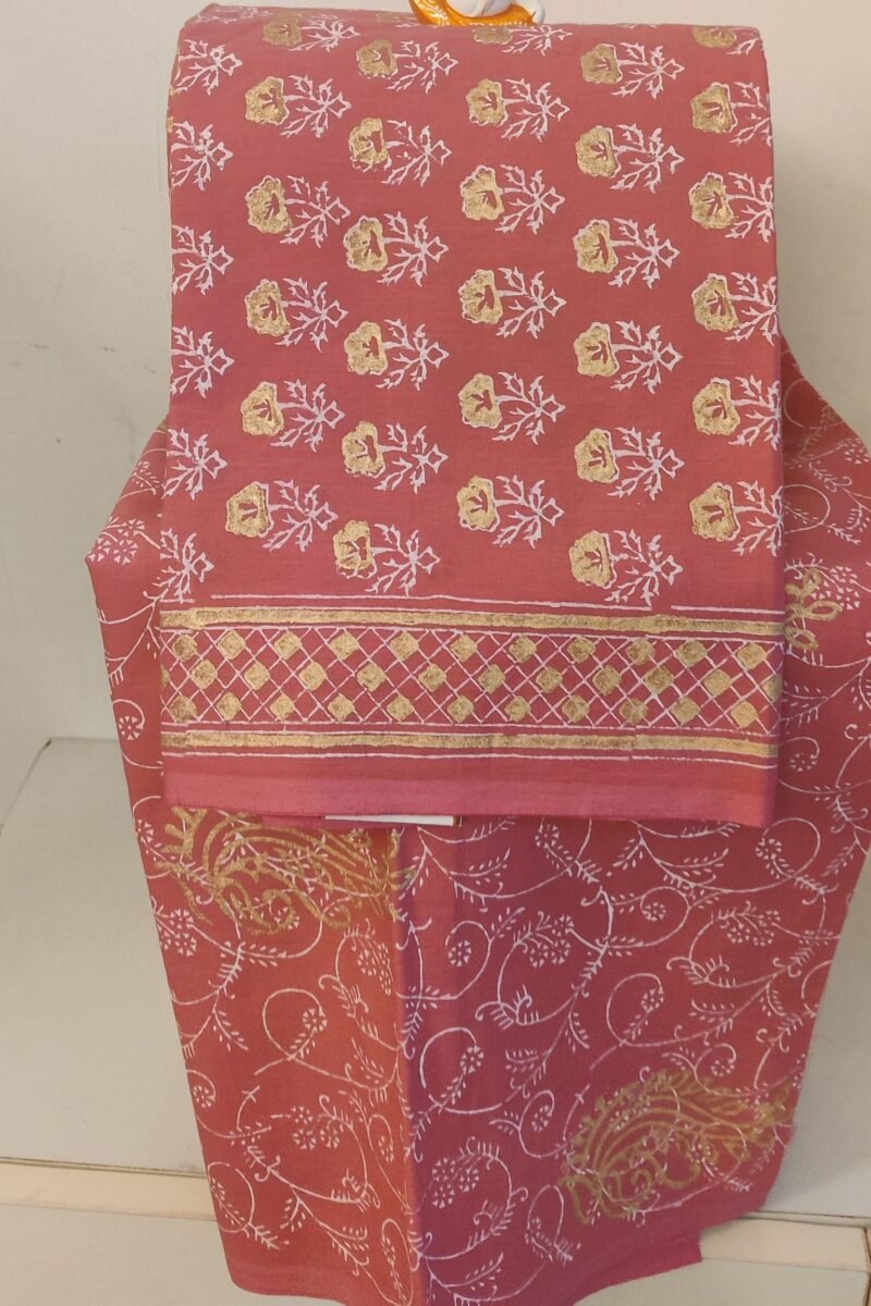 Suit stories - Radiant Coral Orange with Gold Floral Prints Mulmul Cotton Suit Set - Image 4