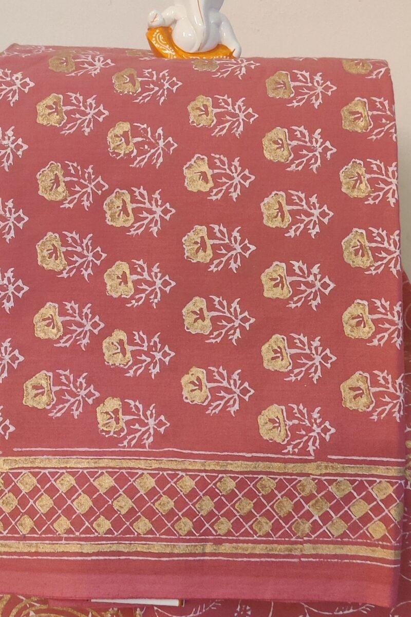 Suit stories - Radiant Coral Orange with Gold Floral Prints Mulmul Cotton Suit Set - Image 5