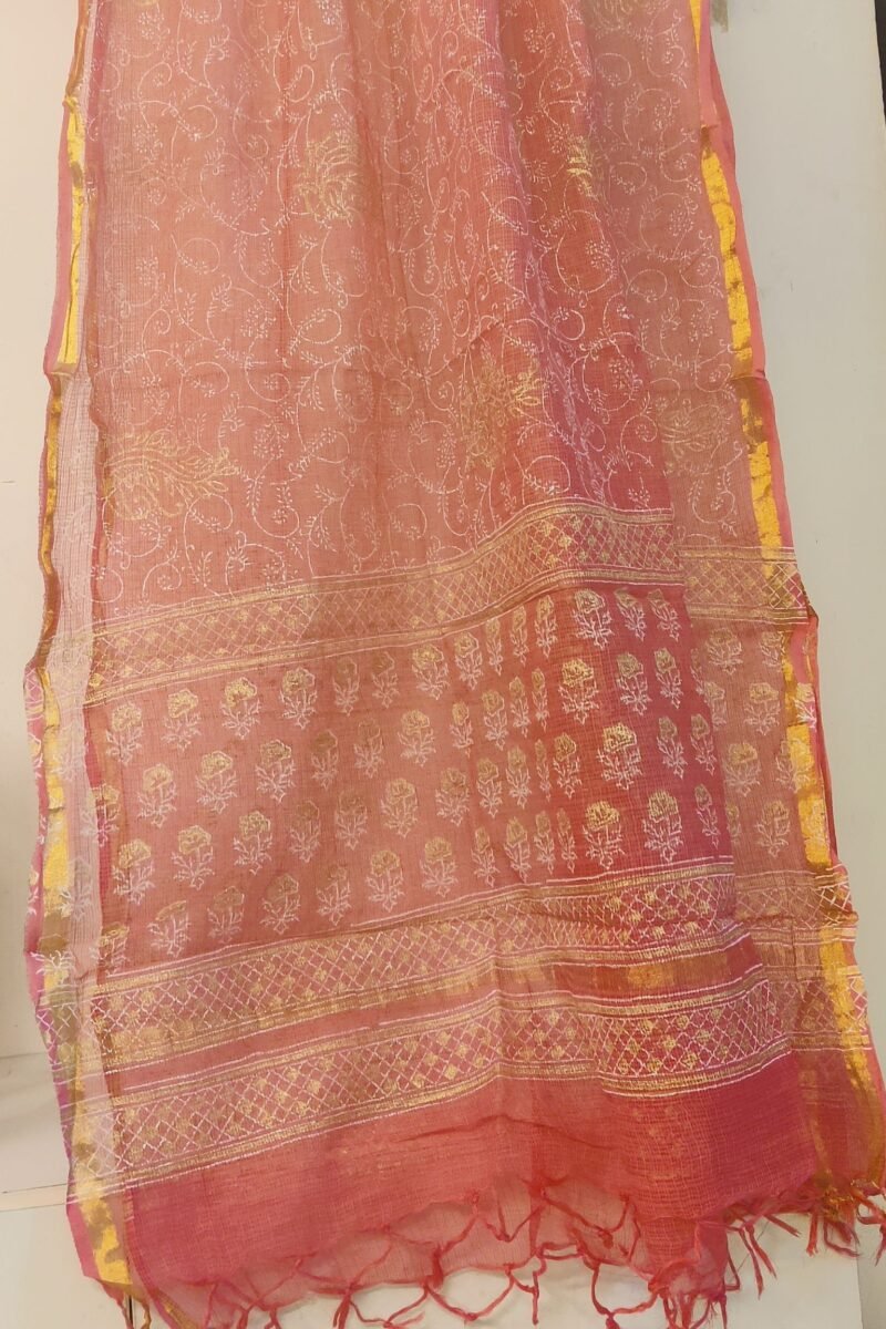 Suit stories - Radiant Coral Orange with Gold Floral Prints Mulmul Cotton Suit Set - Image 7