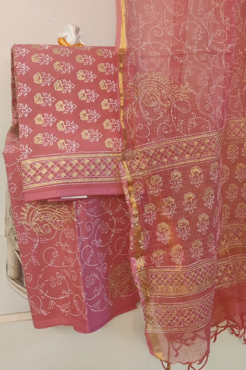 Suit stories - Radiant Coral Orange with Gold Floral Prints Mulmul Cotton Suit Set