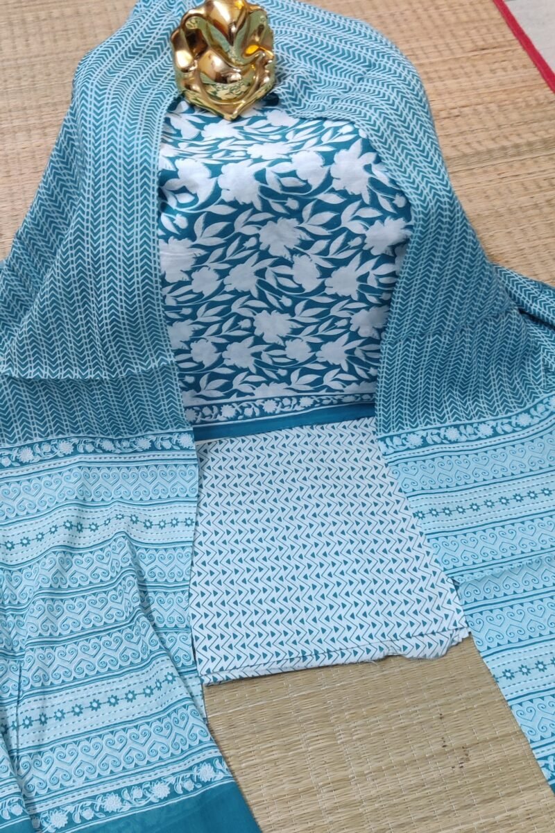 Suit stories - Teal Blue and White Floral Bunch Mulmul Cotton Suit Set - Image 2