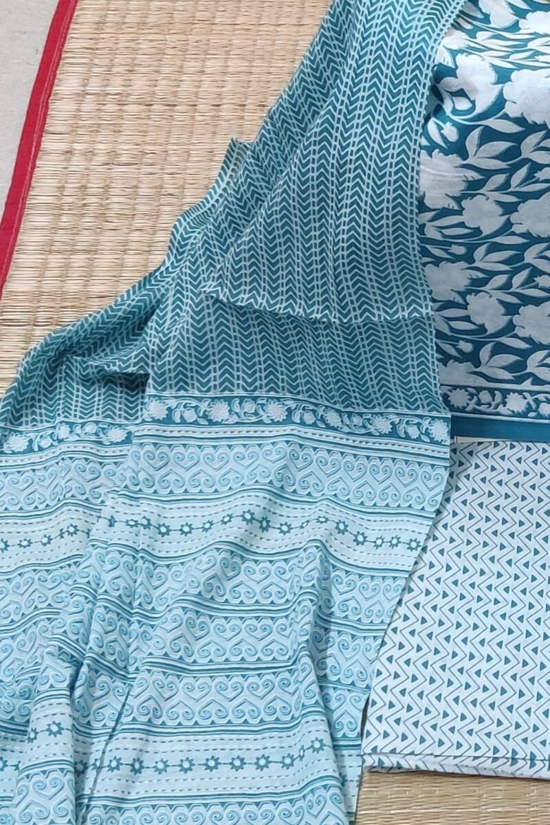 Suit stories - Teal Blue and White Floral Bunch Mulmul Cotton Suit Set - Image 3