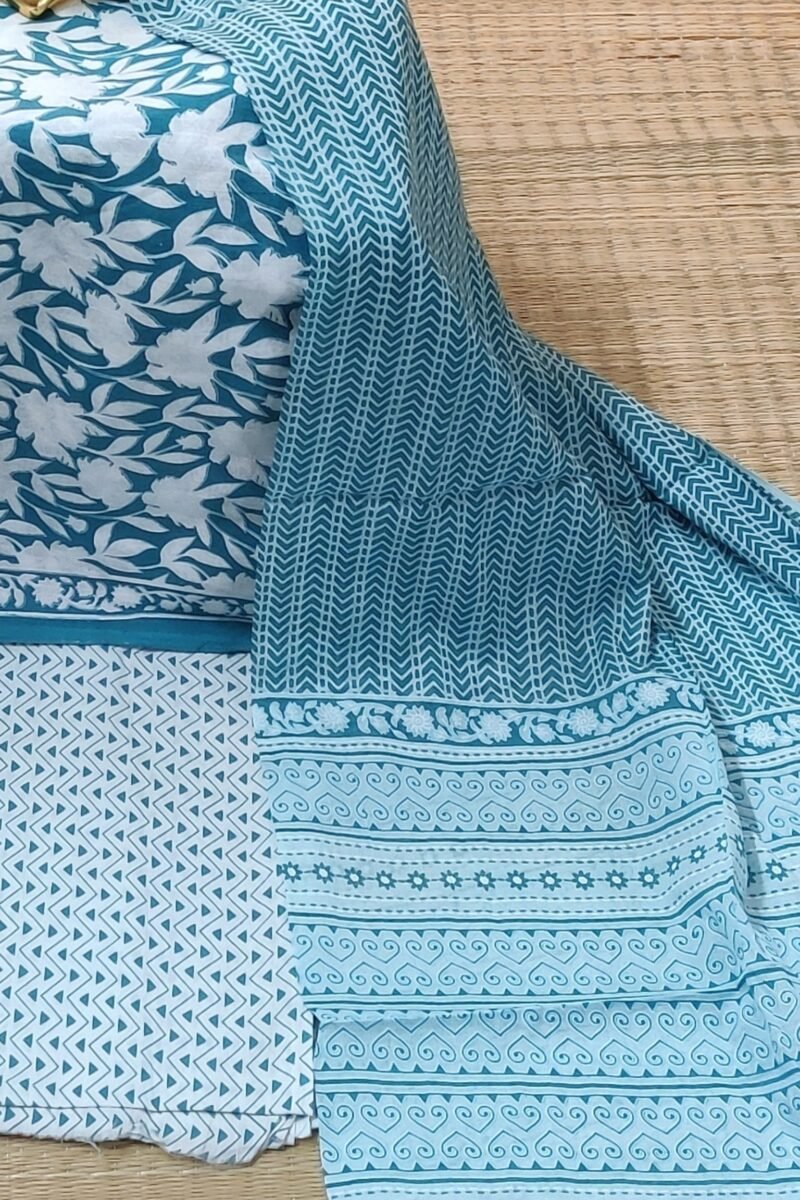 Suit stories - Teal Blue and White Floral Bunch Mulmul Cotton Suit Set - Image 4