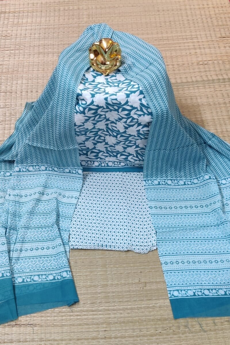 Suit stories - Teal Blue and White Floral Bunch Mulmul Cotton Suit Set