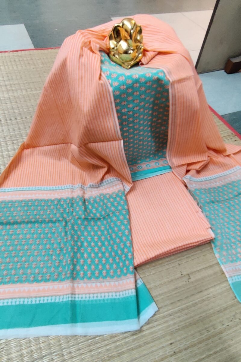 Suit stories - Pista Green with Orange Flower Buds Bloom Mulmul Cotton Suit Set - Image 2