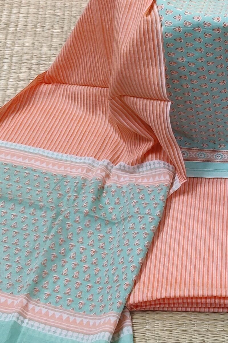 Suit stories - Pista Green with Orange Flower Buds Bloom Mulmul Cotton Suit Set - Image 3