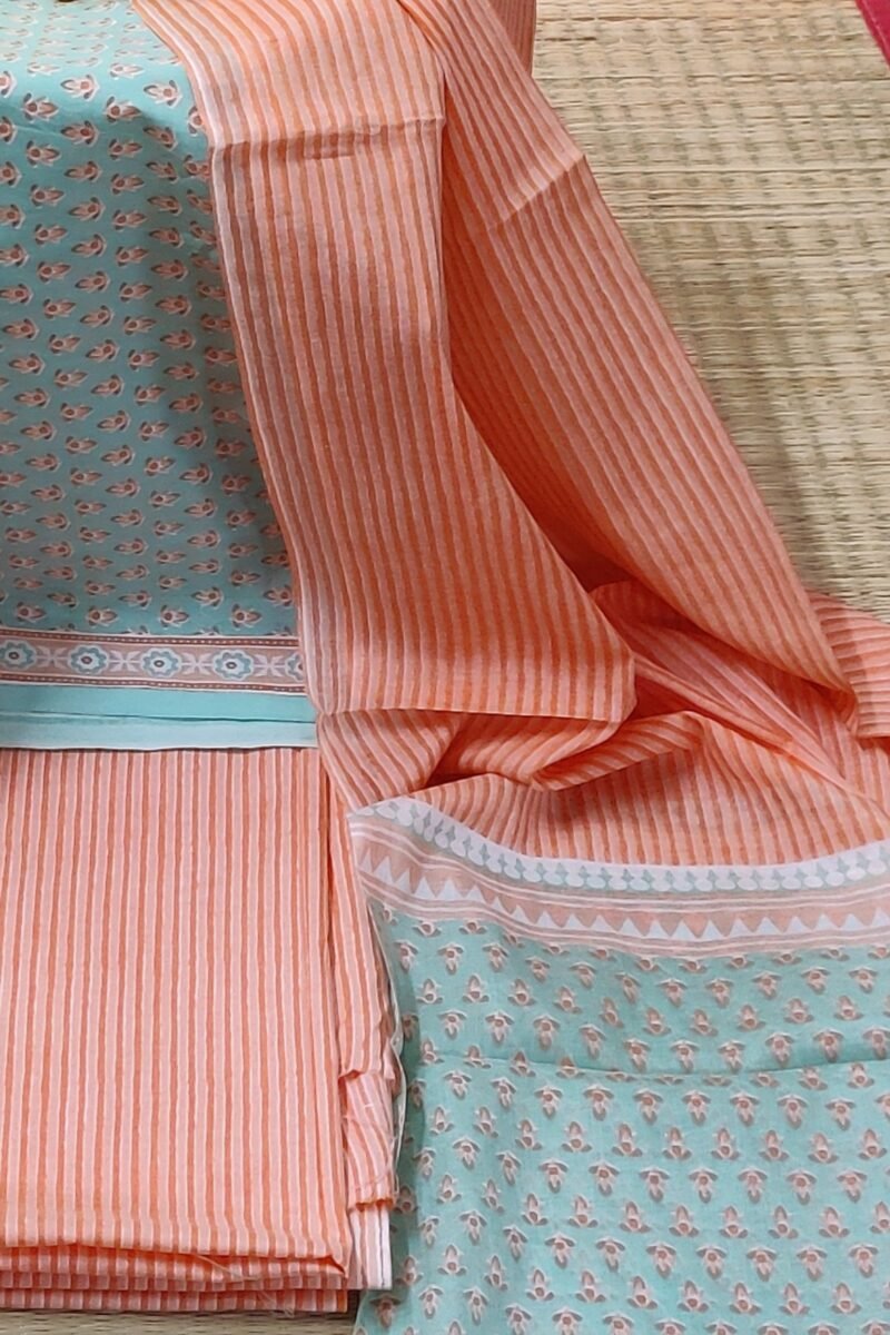 Suit stories - Pista Green with Orange Flower Buds Bloom Mulmul Cotton Suit Set - Image 4