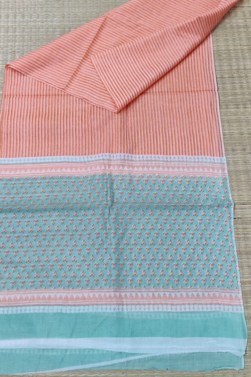 Suit stories - Pista Green with Orange Flower Buds Bloom Mulmul Cotton Suit Set - Image 7
