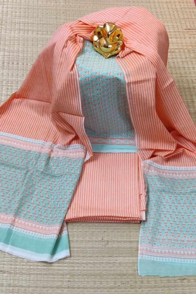 Suit stories - Pista Green with Orange Flower Buds Bloom Mulmul Cotton Suit Set