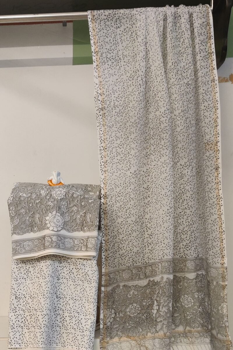 Suit stories - Grey & White Creeper Hand Block Mulmul Cotton Suit Set