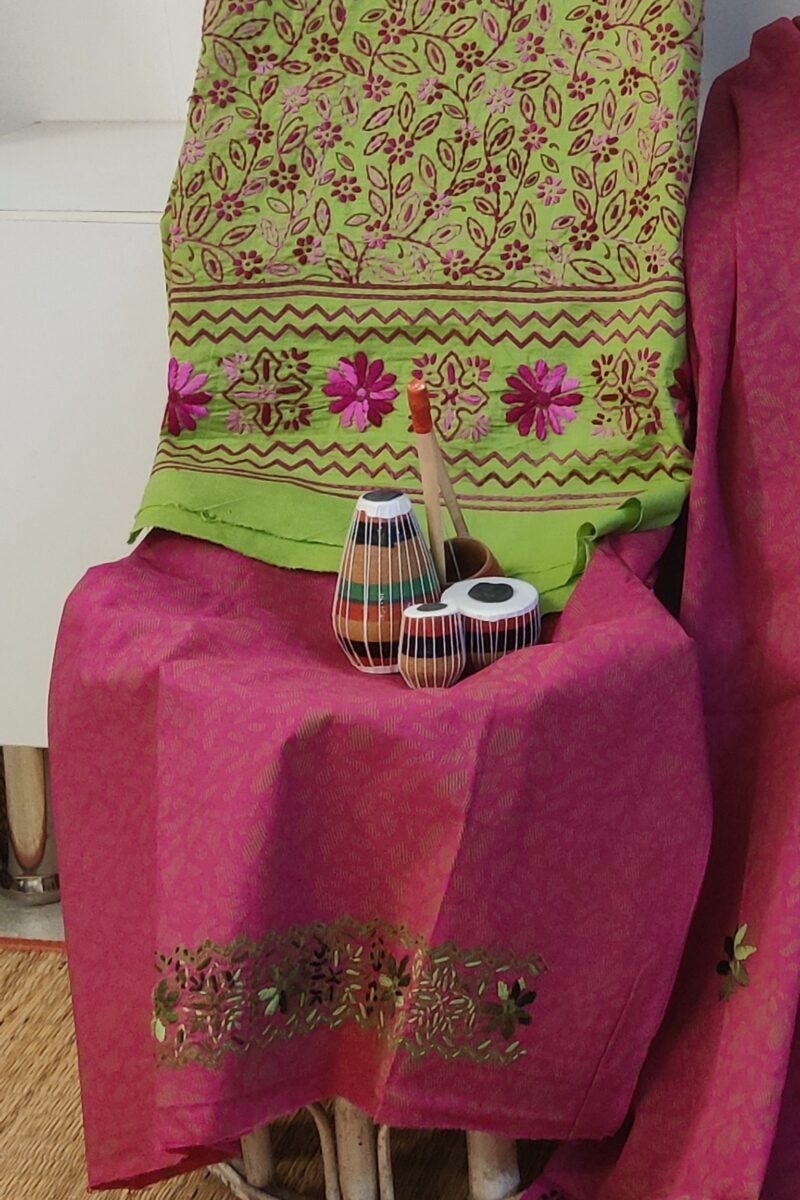 Suit stories - Leaf Green & Pink Floral Embroidered Cotton Suit Set - Image 2